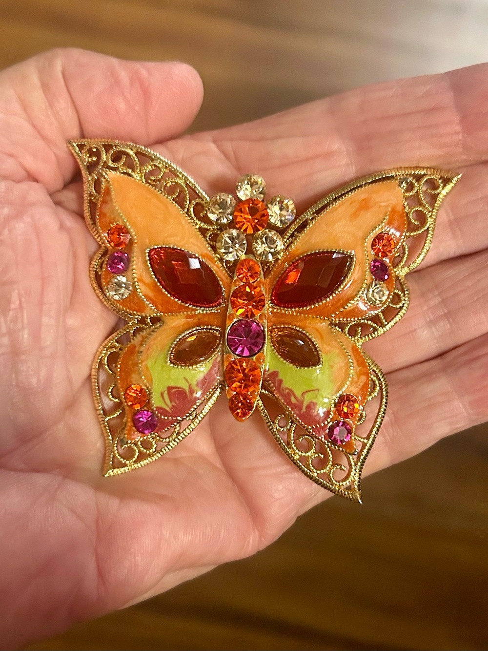 Vintage Gold-Tone Butterfly Brooch with Orange, Pink and Yellow Accents